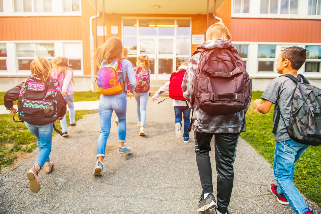 Group Of Kids Go To The School, Back View